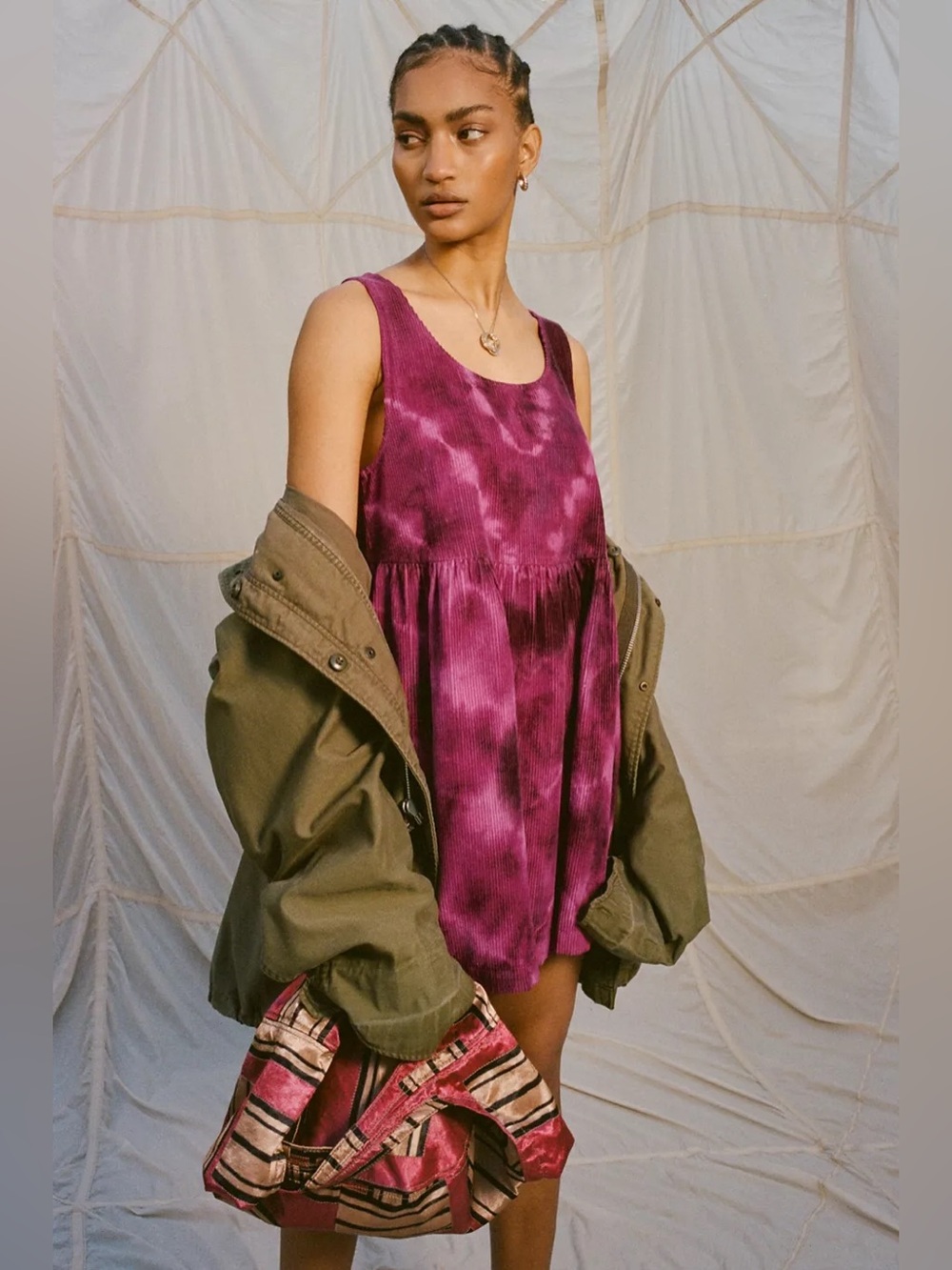 Kimchi Blue UO Tie Dye Corduroy Babydoll Mini Dress Burgundy S
